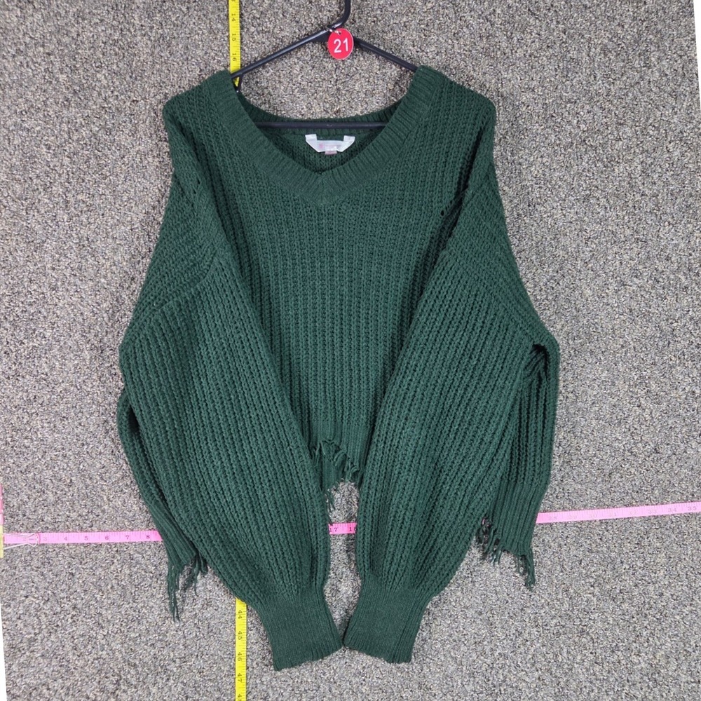 No Boundaries Sweater Womens XL Green Distressed V-Neck Balloon Sleeve Knit